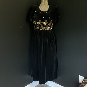 Vintage 1990s Black Velvet and Gold Embroidered Midi Dress by Another Thyme